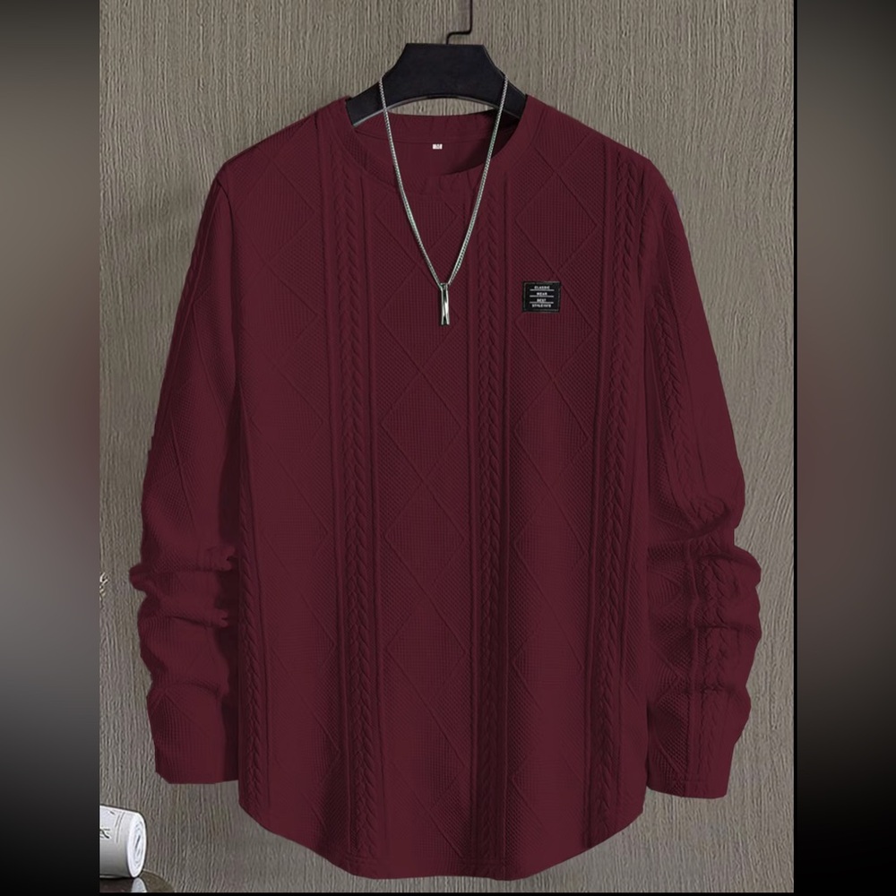 Regular Fit Patched Detail Textured Knit Long Sleeve Round Burgundy Neck Top L